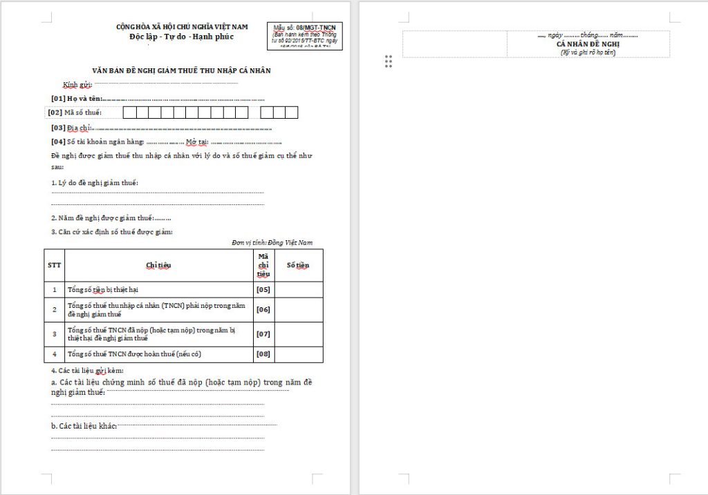 mẫu đề nghị giảm thuế thu nhập cá nhân