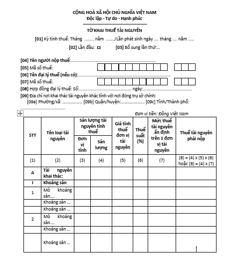 Mẫu kê khai thuế tài nguyên theo thông tư 80 