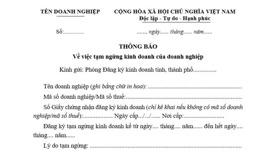 Thông báo tạm ngừng kinh doanh